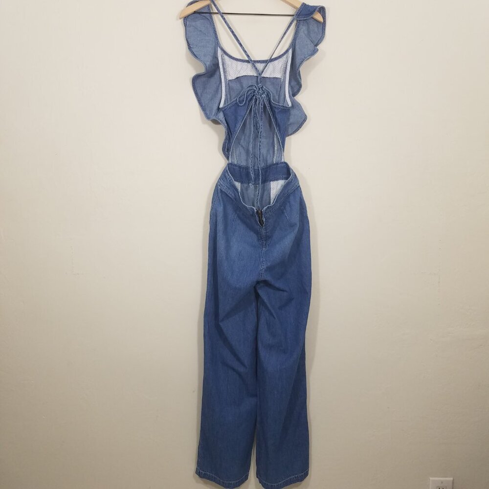 La Vie En Rose Ruffle Open Back Denim Jumpsuit Blue Size S - Picture 4 of 9